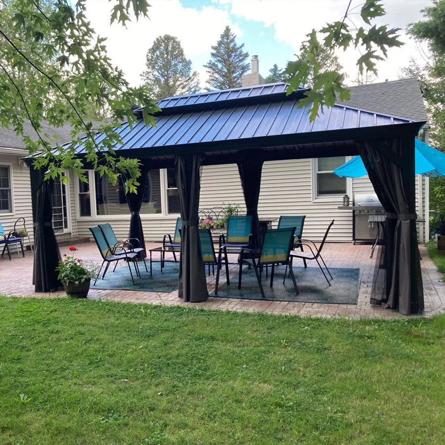 PURPLE LEAF  Alluminio Gazebo Giardino con Zanzariere e Tende Tetto Doppio in Acciaio Galvanizzato, Grigio