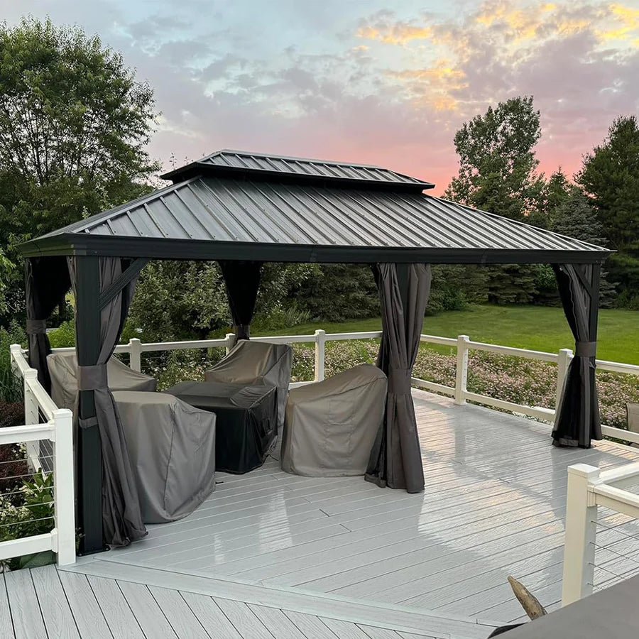 PURPLE LEAF  Alluminio Gazebo Giardino con Zanzariere e Tende Tetto Doppio in Acciaio Galvanizzato, Grigio
