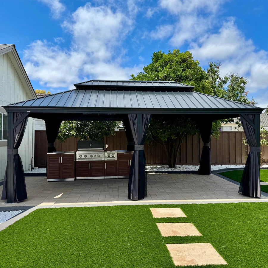 PURPLE LEAF  Alluminio Gazebo Giardino con Zanzariere e Tende Tetto Doppio in Acciaio Galvanizzato, Grigio