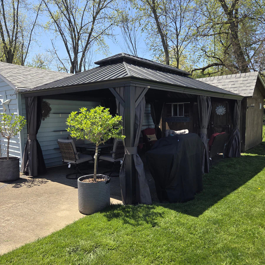 PURPLE LEAF  Alluminio Gazebo Giardino con Zanzariere e Tende Tetto Doppio in Acciaio Galvanizzato, Grigio