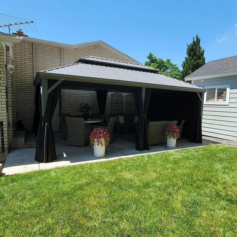 PURPLE LEAF Gazebo da Giardino e Terrazzo, Tetto Rigido in Acciaio Zincato, Design con Grondaia e Luci a Festa Trasparenti, Grigio Chiaro