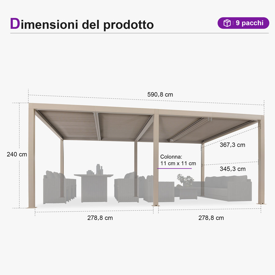 PURPLE LEAF Pergola Bioclimatica Moderna Pergola Color Champagne con Tetto Regolabile per Patio Giardino e Cortile