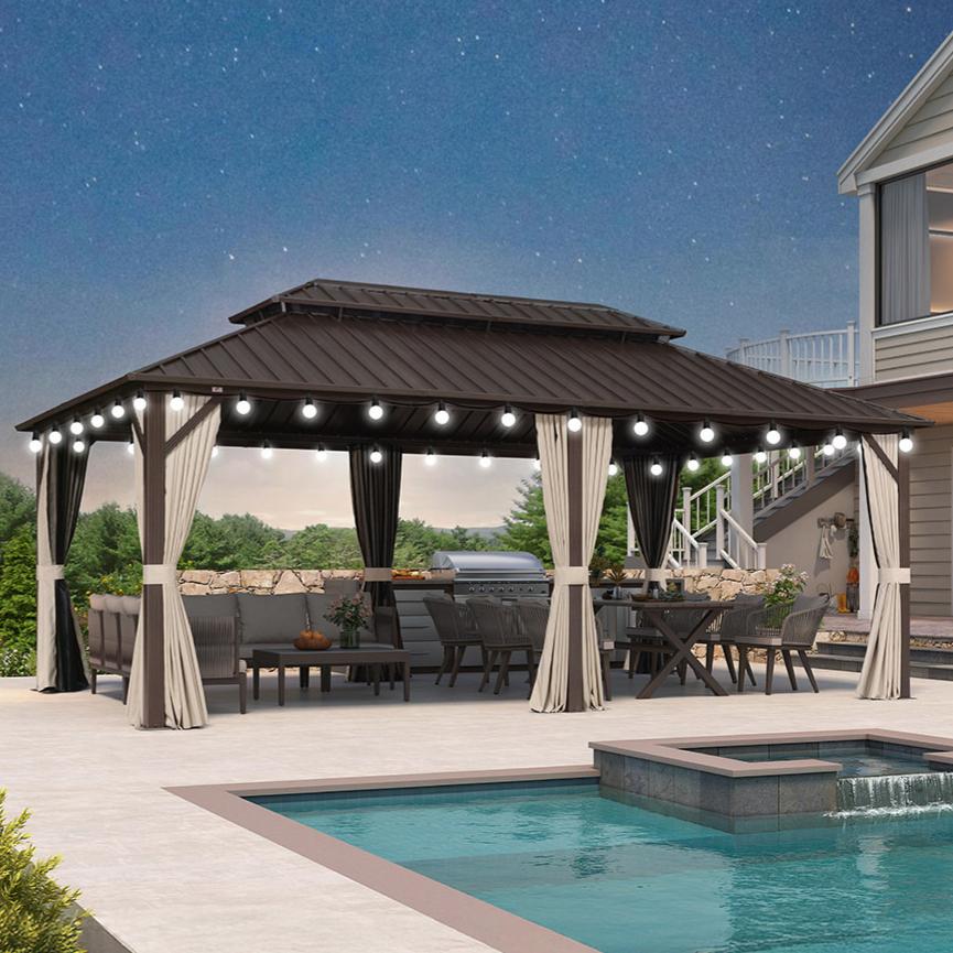 Purple Leaf Gazebo da Giardino Tetto Rigido in Bronzo, Doppio Tetto in Acciaio Zincato, Rete e Tende, Catene Luminose Trasparenti