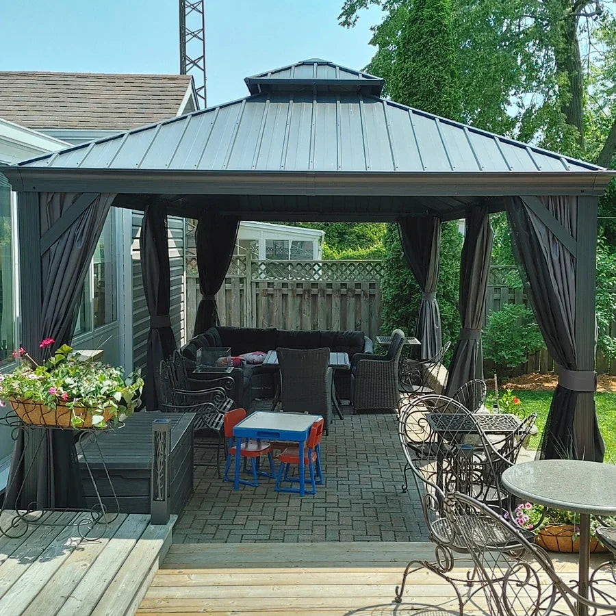 PURPLE LEAF  Alluminio Gazebo Giardino con Zanzariere e Tende Tetto Doppio in Acciaio Galvanizzato, Grigio