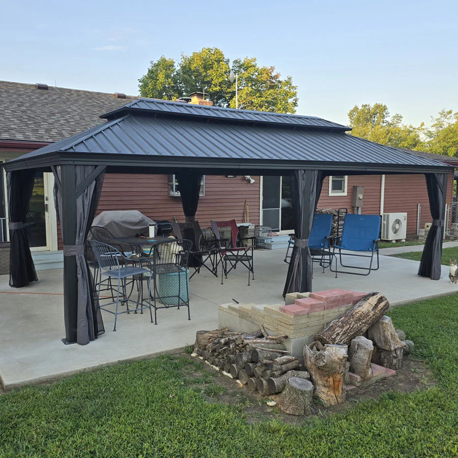 PURPLE LEAF  Alluminio Gazebo Giardino con Zanzariere e Tende Tetto Doppio in Acciaio Galvanizzato, Grigio