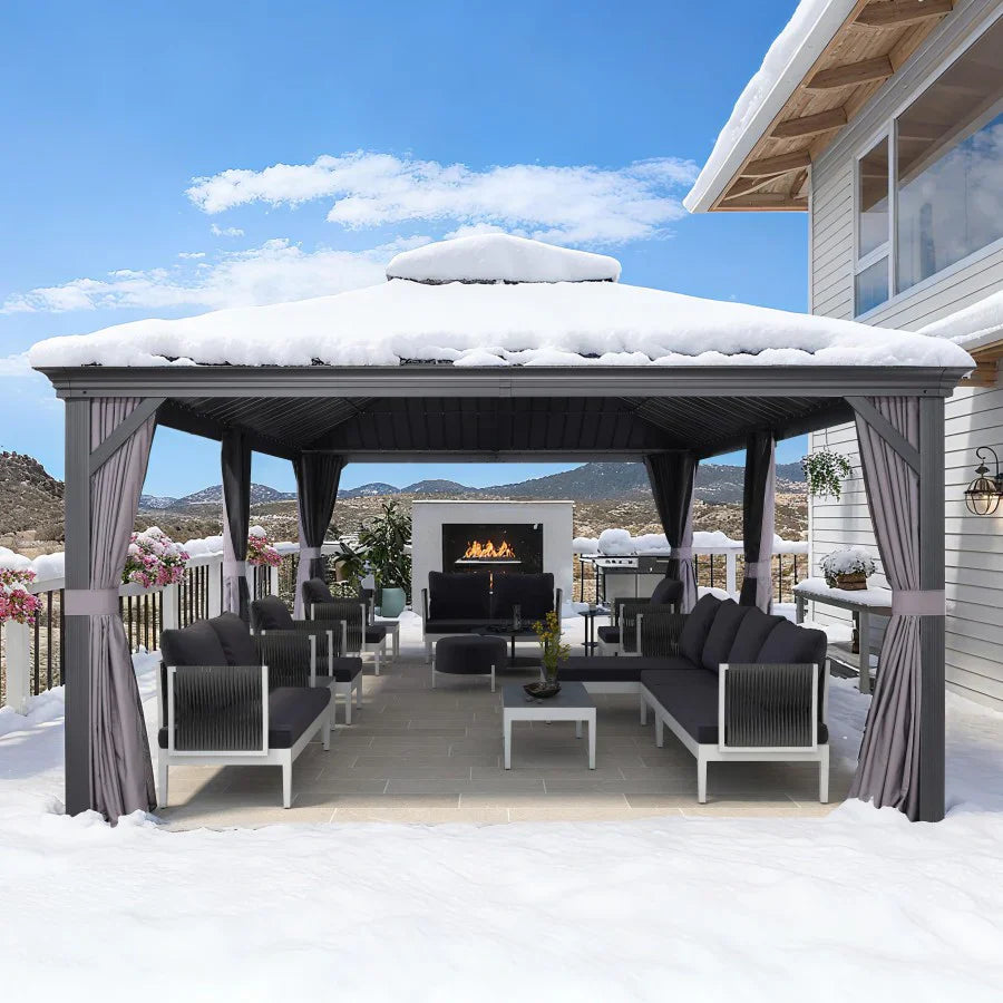 PURPLE LEAF  Alluminio Gazebo Giardino con Zanzariere e Tende Tetto Doppio in Acciaio Galvanizzato, Grigio