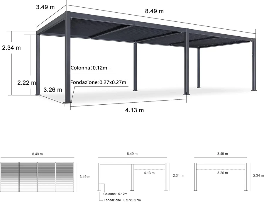 PURPLE LEEF Pergola Bioclimatica con Copertura a Lamelle e Luce LED Integrata per Terrazzo e Giardino, Grigio