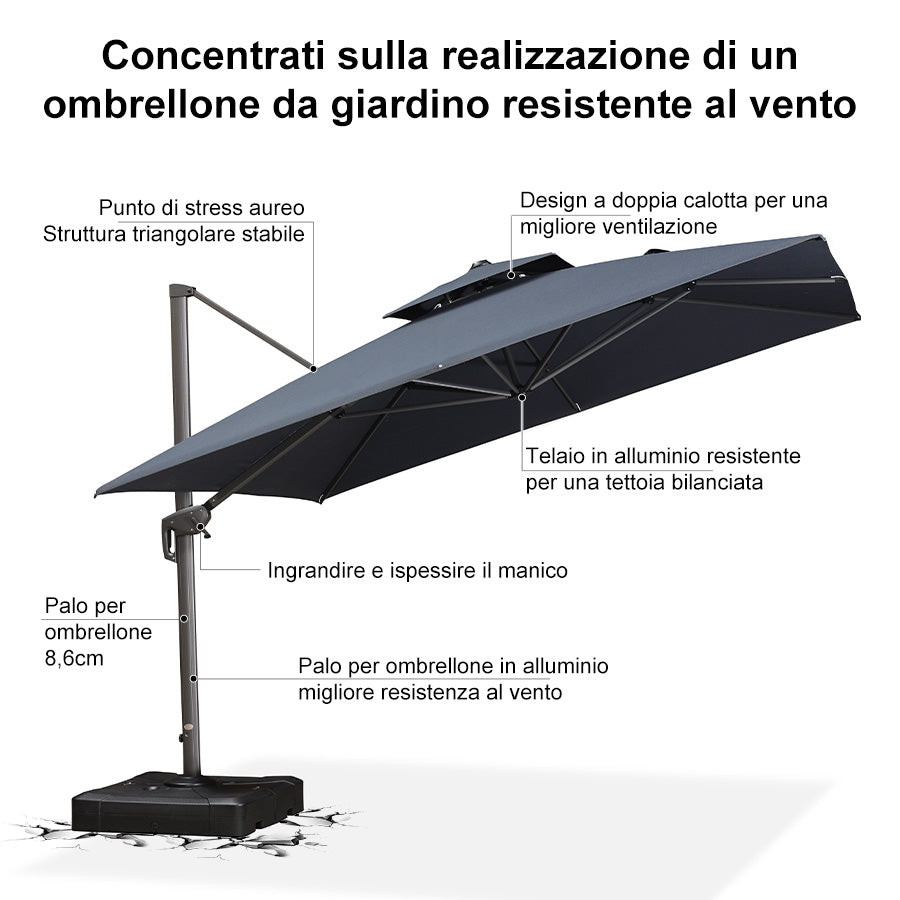 PURPLE LEAF Ombrellone da Giardino a sbalzo , Ombrellone da Esterno con palo Grigio,Rotazione a 360° e 6 livelli di Regolazione dell'altezza
