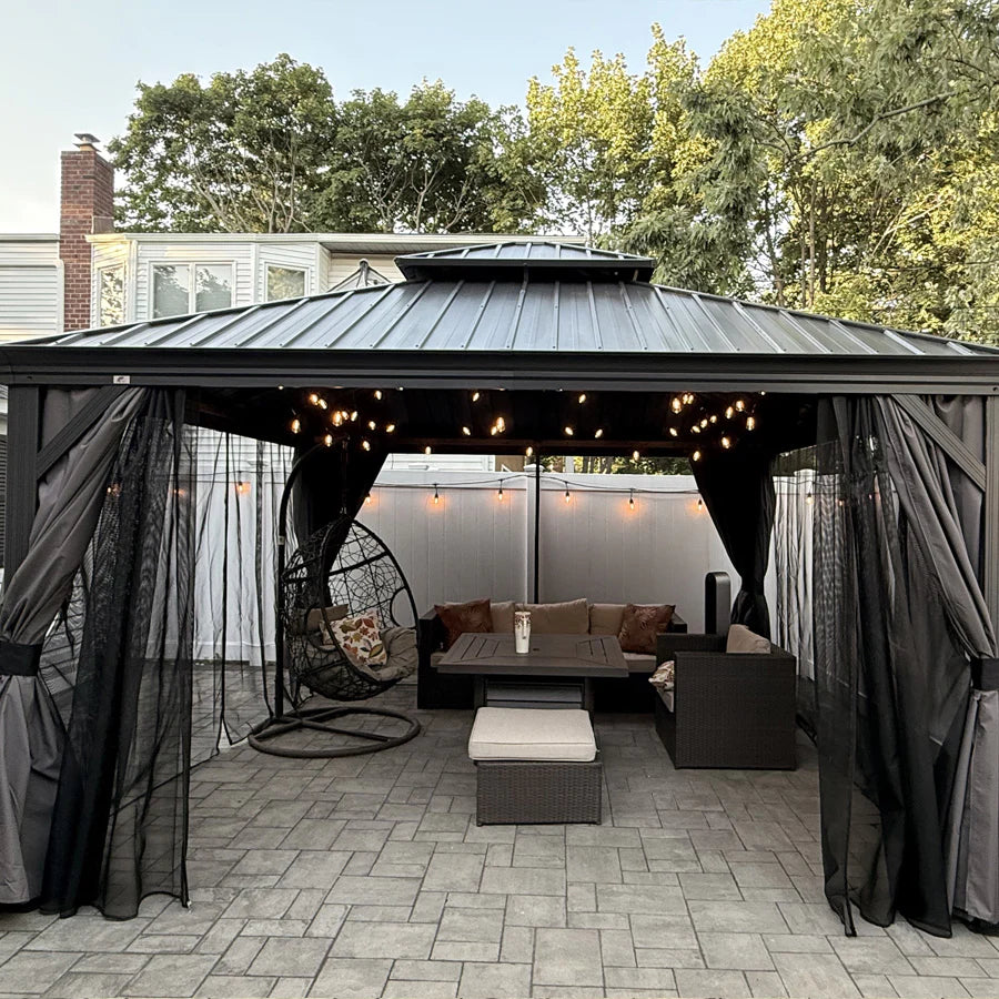 PURPLE LEAF  Alluminio Gazebo Giardino con Zanzariere e Tende Tetto Doppio in Acciaio Galvanizzato, Grigio