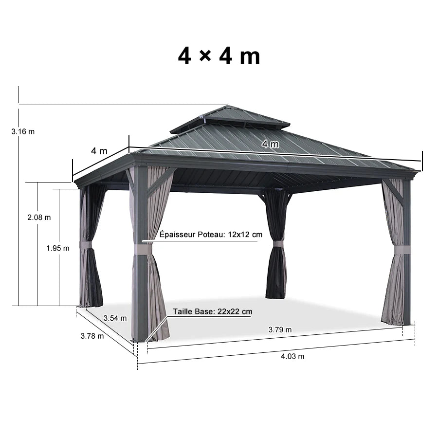 PURPLE LEAF  Alluminio Gazebo Giardino con Zanzariere e Tende Tetto Doppio in Acciaio Galvanizzato, Grigio