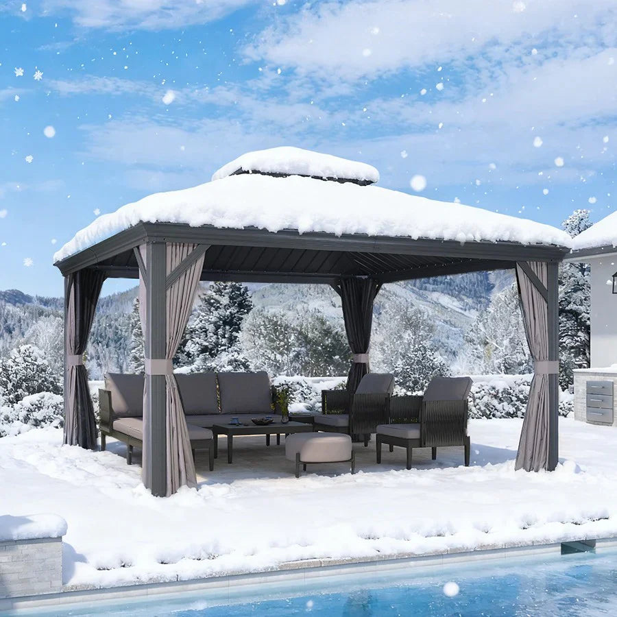 PURPLE LEAF  Alluminio Gazebo Giardino con Zanzariere e Tende Tetto Doppio in Acciaio Galvanizzato, Grigio
