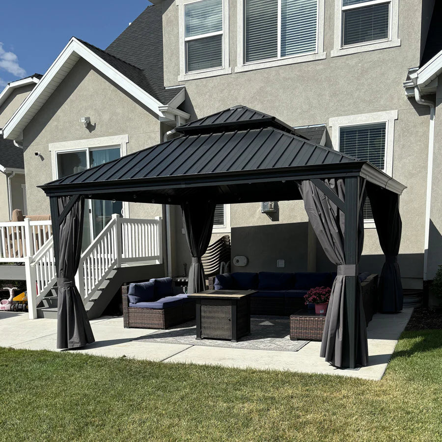 PURPLE LEAF  Alluminio Gazebo Giardino con Zanzariere e Tende Tetto Doppio in Acciaio Galvanizzato, Grigio