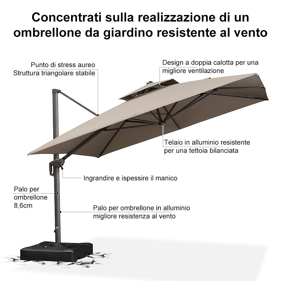 PURPLE LEAF Ombrellone da Giardino a sbalzo , Ombrellone da Esterno con palo Grigio,Rotazione a 360° e 6 livelli di Regolazione dell'altezza