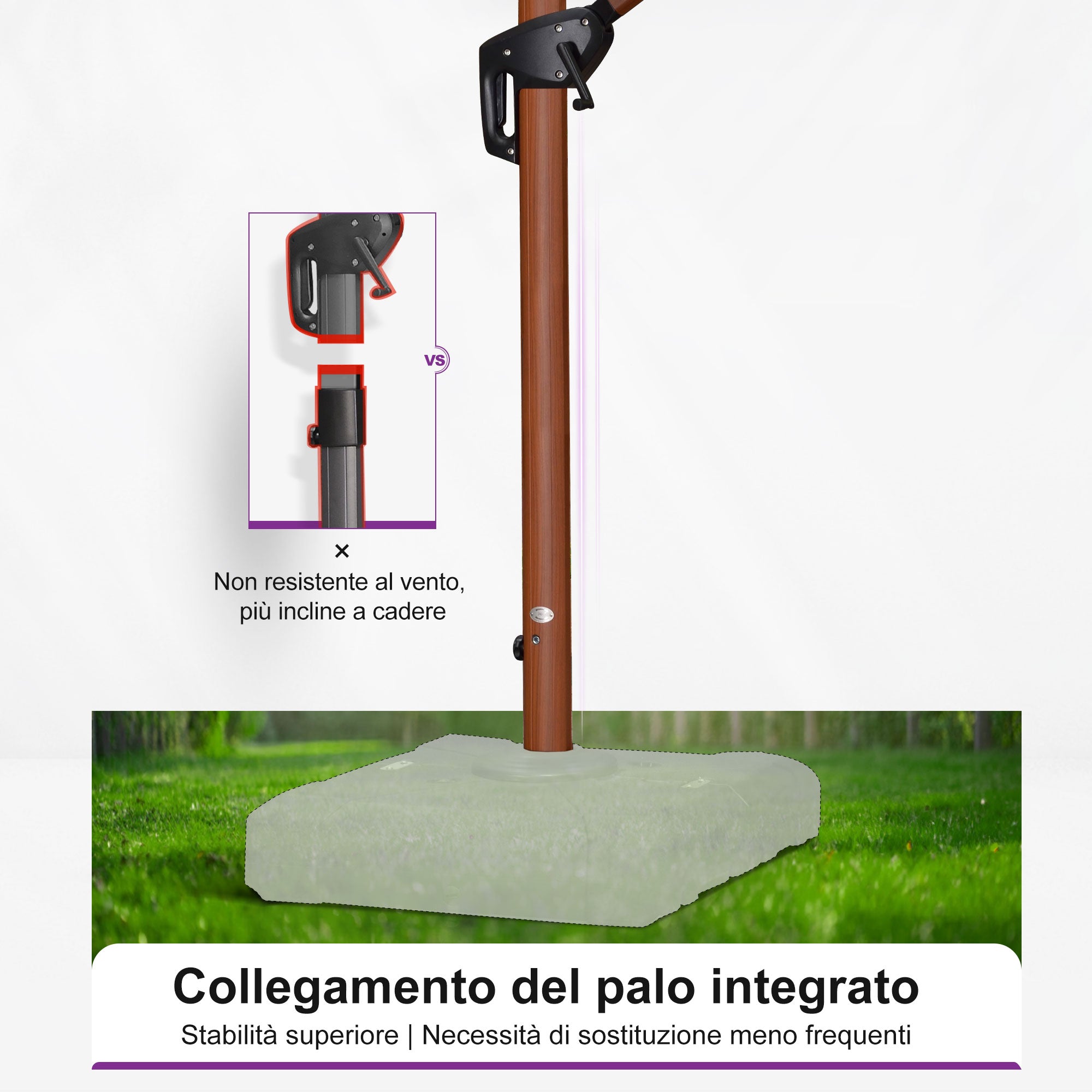 PURPLE LEAF Ombrellone in Alluminio Quadrato Doppio Top in colore legno ,con Base