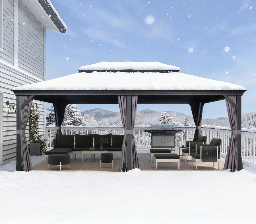 PURPLE LEAF  Alluminio Gazebo Giardino con Zanzariere e Tende Tetto Doppio in Acciaio Galvanizzato, Grigio