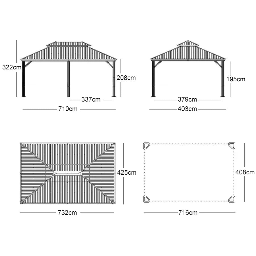 PURPLE LEAF  Alluminio Gazebo Giardino con Zanzariere e Tende Tetto Doppio in Acciaio Galvanizzato, Grigio
