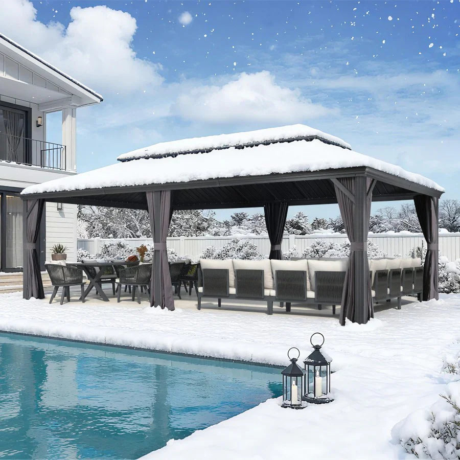 PURPLE LEAF  Alluminio Gazebo Giardino con Zanzariere e Tende Tetto Doppio in Acciaio Galvanizzato, Grigio