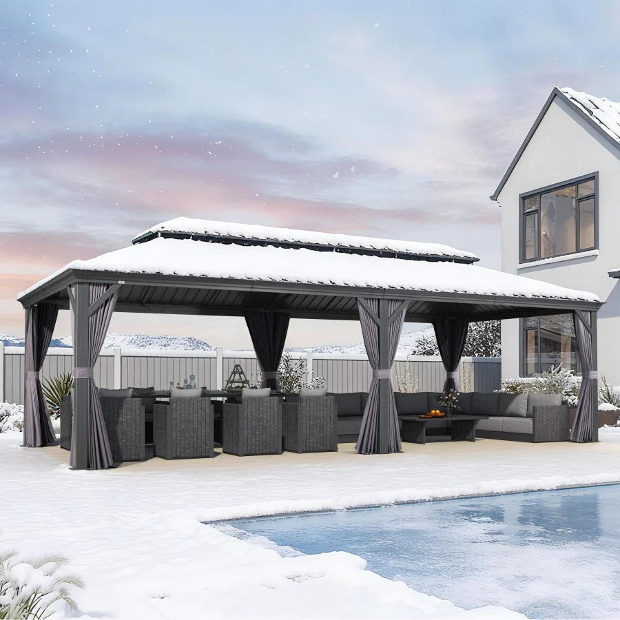 PURPLE LEAF  Alluminio Gazebo Giardino con Zanzariere e Tende Tetto Doppio in Acciaio Galvanizzato, Grigio