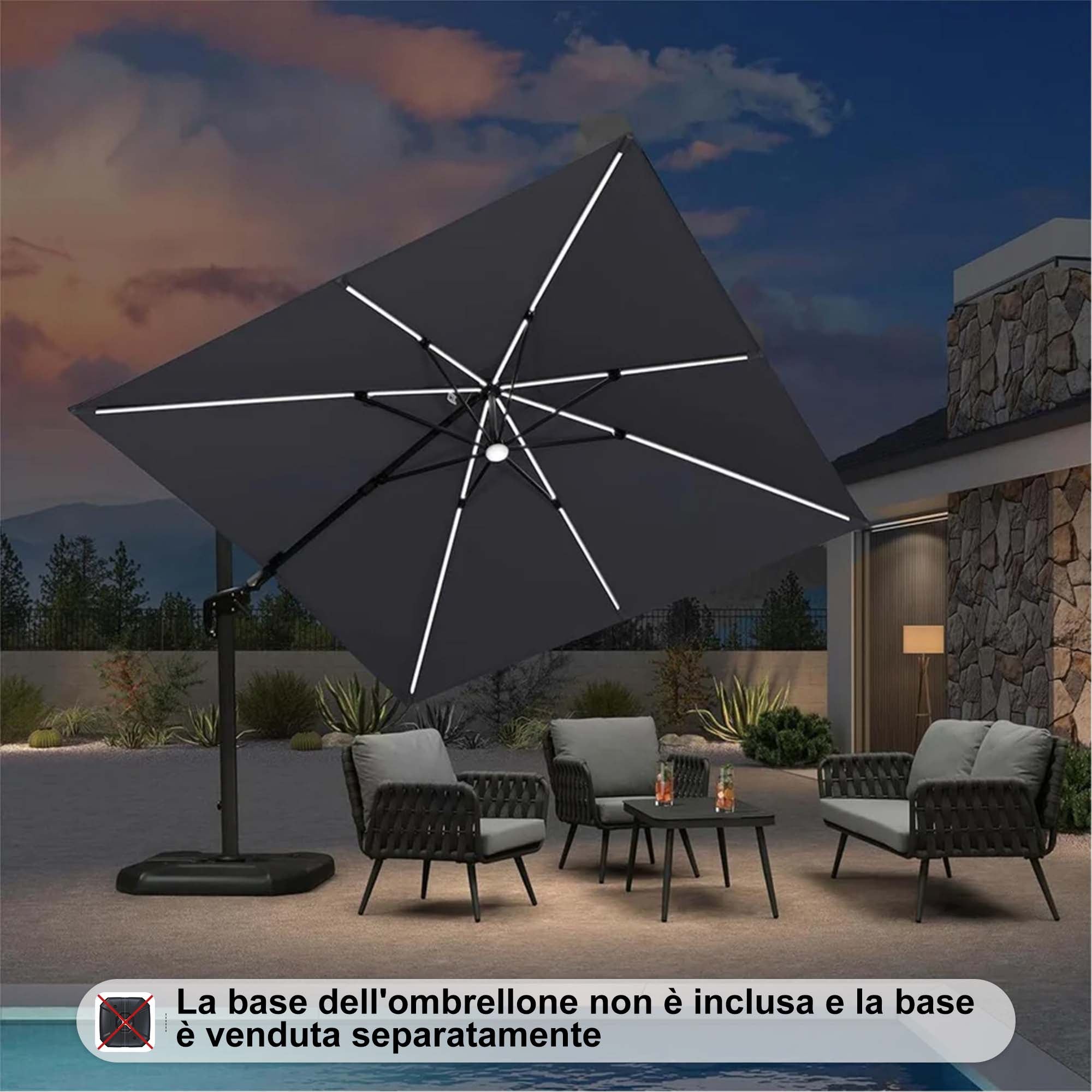 PURPLE LEAF Ombrellone da Giardino Ombrellone Quadrato Girevole con Rotazione a 360 gradi per esterno con luci