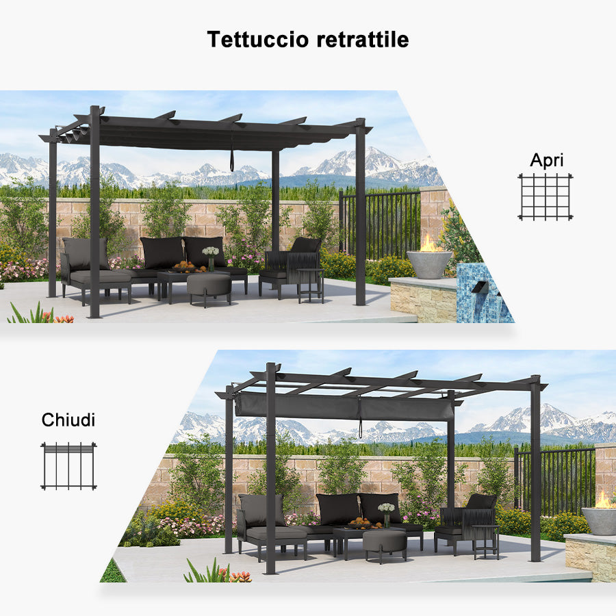 PURPLE LEAF pergola retrattile in alluminio per esterni con tettoia parasole, terrazza, riparo per cortile, padiglione barbecue in metallo-PRG