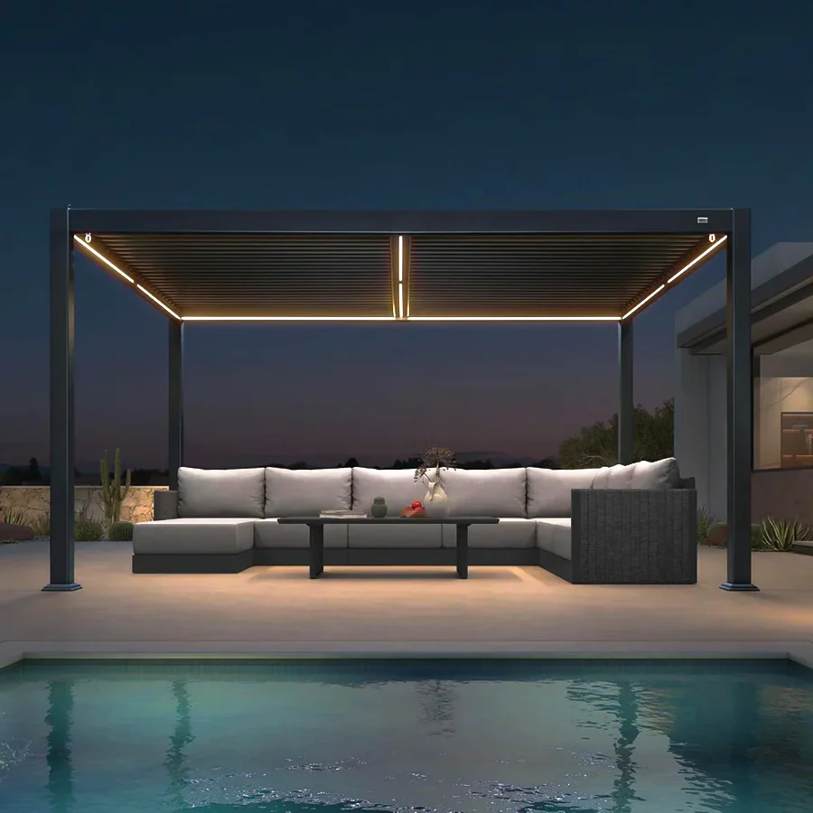 PURPLE LEEF Pergola Bioclimatica con Copertura a Lamelle e Luce LED Integrata per Terrazzo e Giardino, Grigio