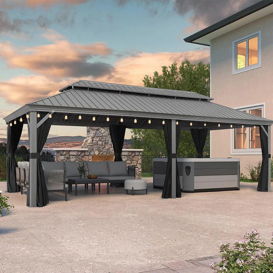 PURPLE LEAF Gazebo da Giardino e Terrazzo, Tetto Rigido in Acciaio Zincato, Design con Grondaia e Luci a Festa Trasparenti, Grigio Chiaro