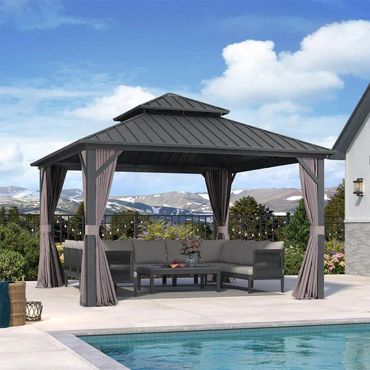 PURPLE LEAF Alluminio Gazebo Tetto Doppio in Acciaio Galvanizzato Zanzariere e Tende，Grigio con Ottimo Rapporto Qualità-Prezzo