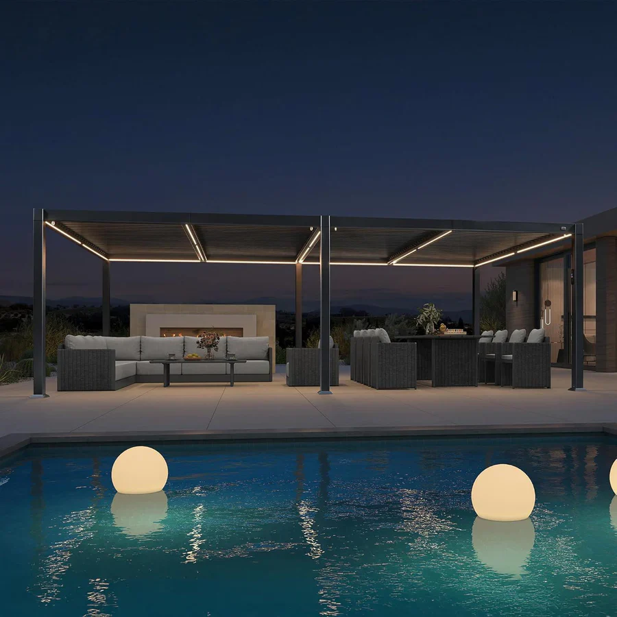 PURPLE LEEF Pergola Bioclimatica con Copertura a Lamelle e Luce LED Integrata per Terrazzo e Giardino, Grigio