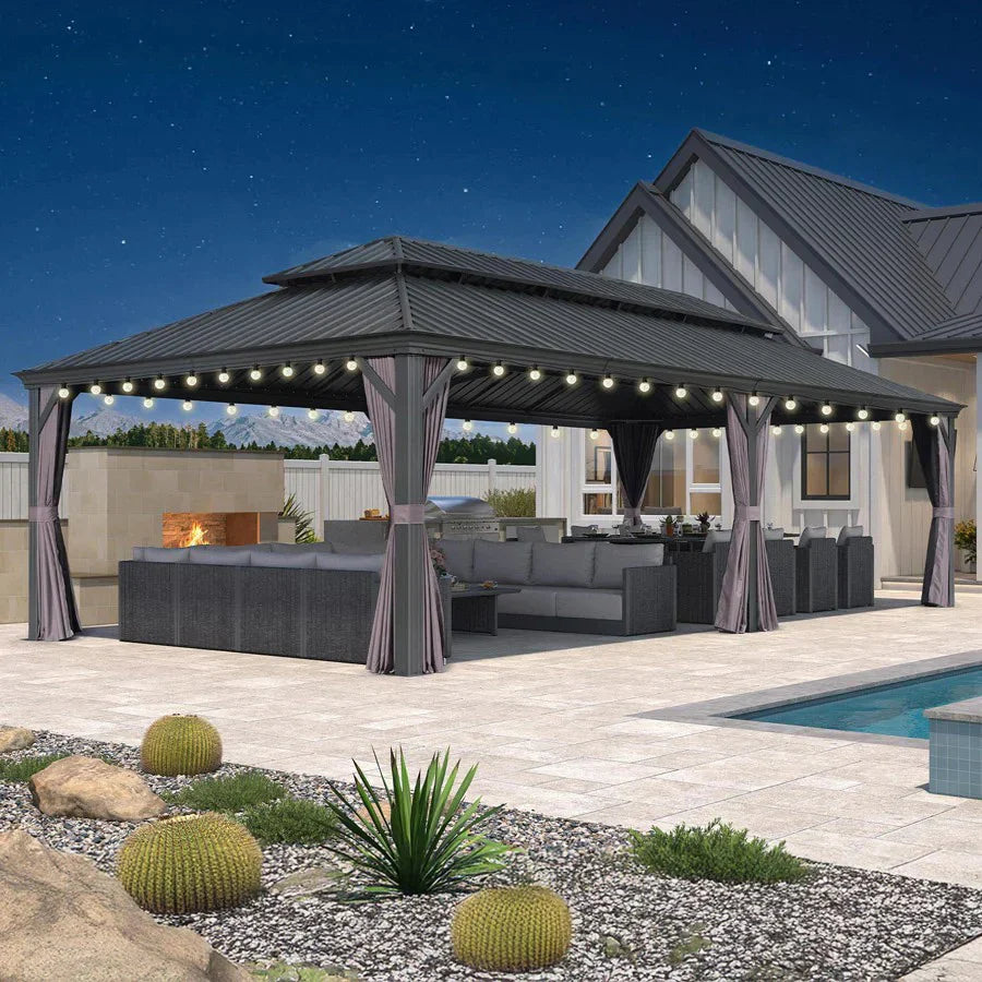 PURPLE LEAF Gazebo da Giardino Esterno, Padiglione da Giardino a Doppio Tetto in Acciaio Zincato Solido, con Luci Trasparenti, Modello Lusso - Grigio