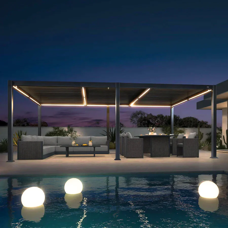 PURPLE LEEF Pergola Bioclimatica con Copertura a Lamelle e Luce LED Integrata per Terrazzo e Giardino, Grigio