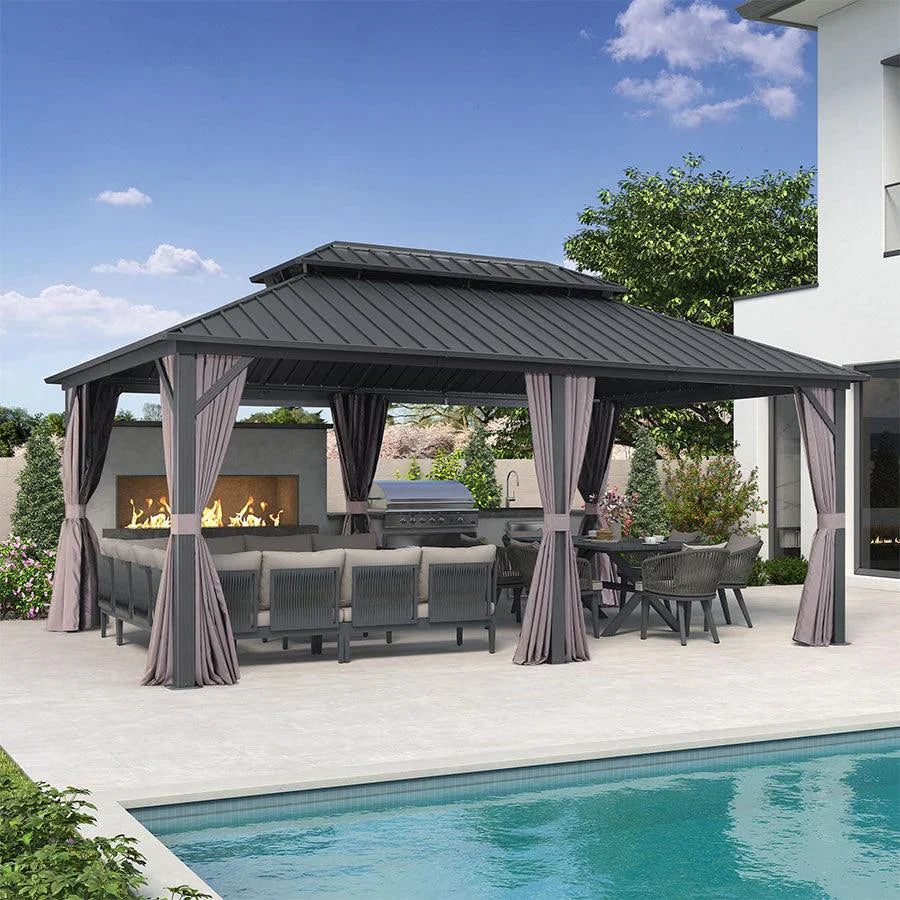 PURPLE LEAF Alluminio Gazebo Tetto Doppio in Acciaio Galvanizzato Zanzariere e Tende，Grigio con Ottimo Rapporto Qualità-Prezzo