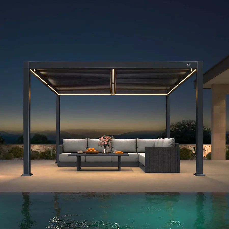 PURPLE LEEF Pergola Bioclimatica con Copertura a Lamelle e Luce LED Integrata per Terrazzo e Giardino, Grigio