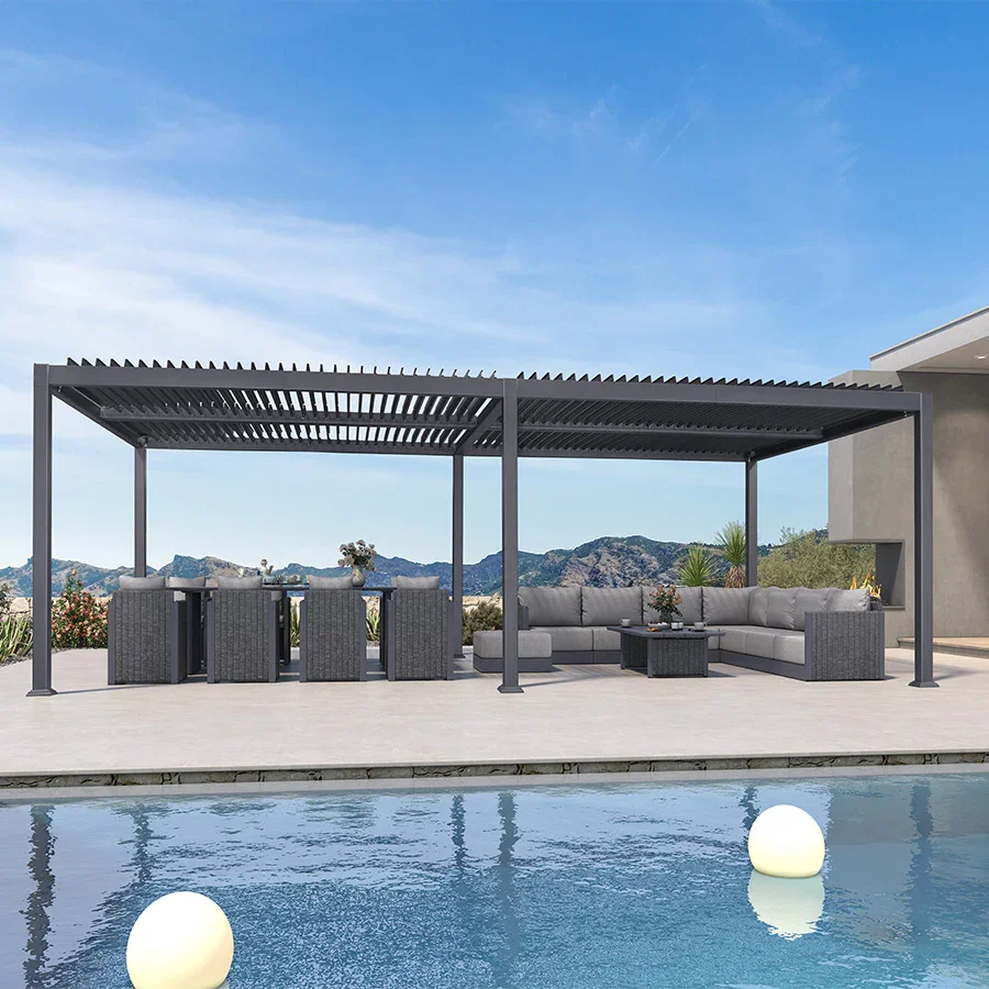 PURPLE LEAF Pergola Bioclimatica Pergola in Alluminio da Esterno struttura robusta drenaggio nascosto con Tetto Regolabile per Terrazzo e Giardino Grigio