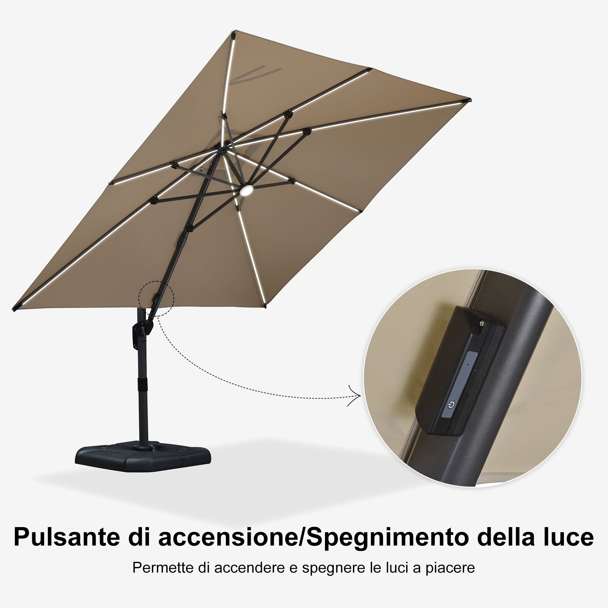 PURPLE LEAF Ombrellone da Giardino Ombrellone Quadrato Girevole con Rotazione a 360 gradi per esterno con luci