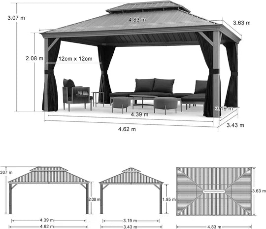 PURPLE LEAF Gazebo in Alluminio，Tetto Rigido in Acciaio Zincato, Tende Incluse, Grigio Chiaro