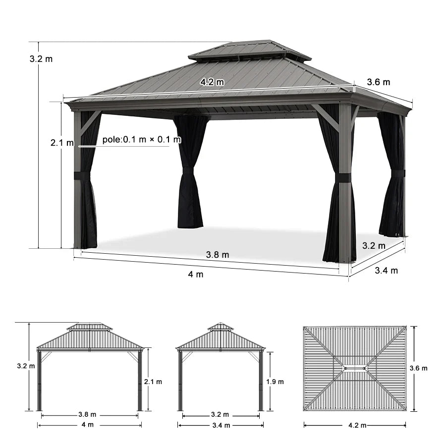PURPLE LEAF Gazebo in Alluminio，Tetto Rigido in Acciaio Zincato, Tende Incluse, Grigio Chiaro