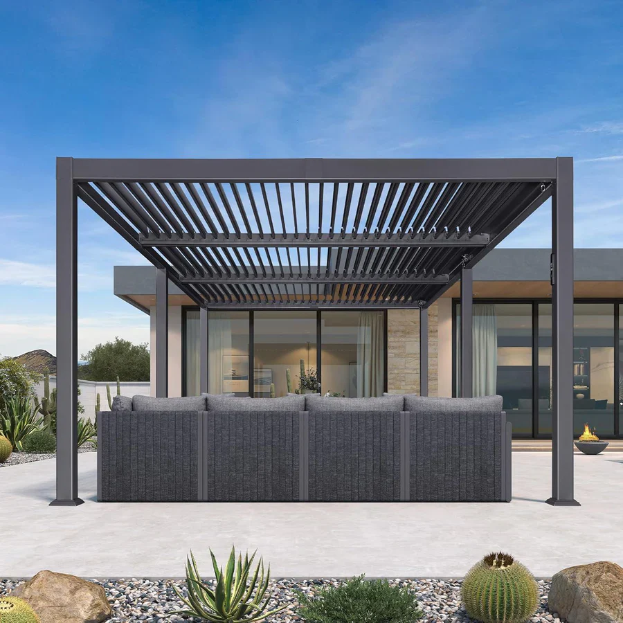 PURPLE LEEF Pergola Bioclimatica con Copertura a Lamelle e Luce LED Integrata per Terrazzo e Giardino, Grigio