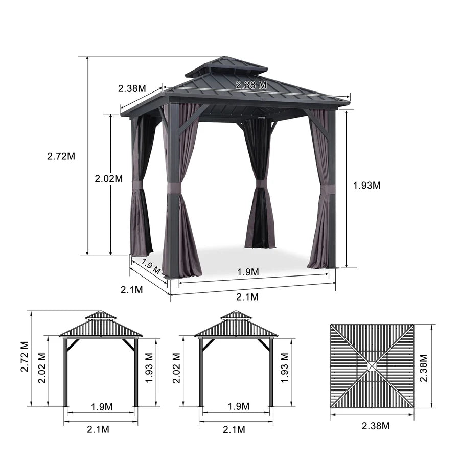 PURPLE LEAF Gazebo da Giardino Esterno,Tetto Doppio in Acciaio Galvanizzato, Resistente alla Corrosione, con Guirlanda Luminosa Trasparente, Modello Leggero - Grigio