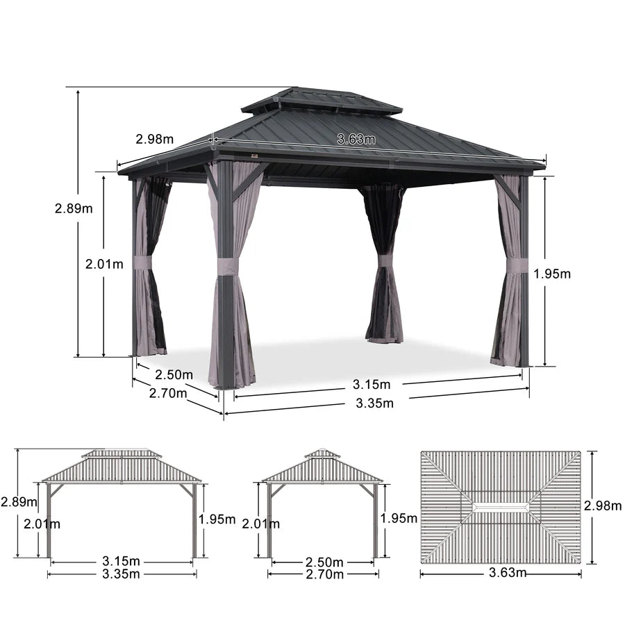 PURPLE LEAF Gazebo da Giardino Esterno,Tetto Doppio in Acciaio Galvanizzato, Resistente alla Corrosione, con Guirlanda Luminosa Trasparente, Modello Leggero - Grigio