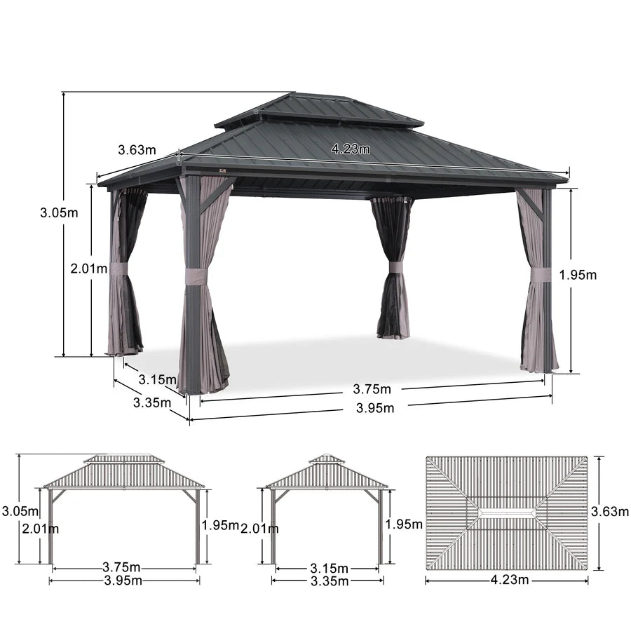 PURPLE LEAF Gazebo da Giardino Esterno,Tetto Doppio in Acciaio Galvanizzato, Resistente alla Corrosione, con Guirlanda Luminosa Trasparente, Modello Leggero - Grigio