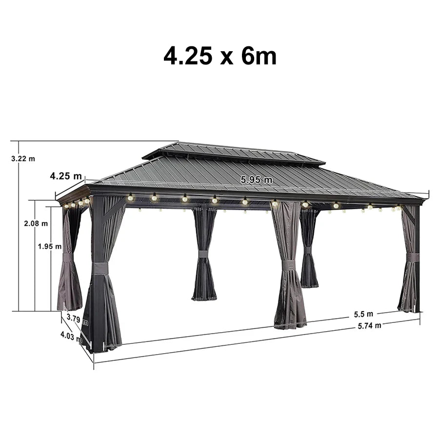 PURPLE LEAF Gazebo da Giardino Esterno, Padiglione da Giardino a Doppio Tetto in Acciaio Zincato Solido, con Luci Trasparenti, Modello Lusso - Grigio