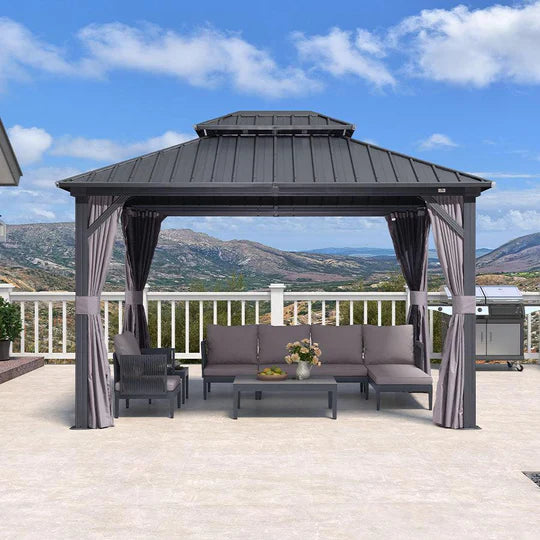 PURPLE LEAF Alluminio Gazebo Tetto Doppio in Acciaio Galvanizzato Zanzariere e Tende，Grigio con Ottimo Rapporto Qualità-Prezzo