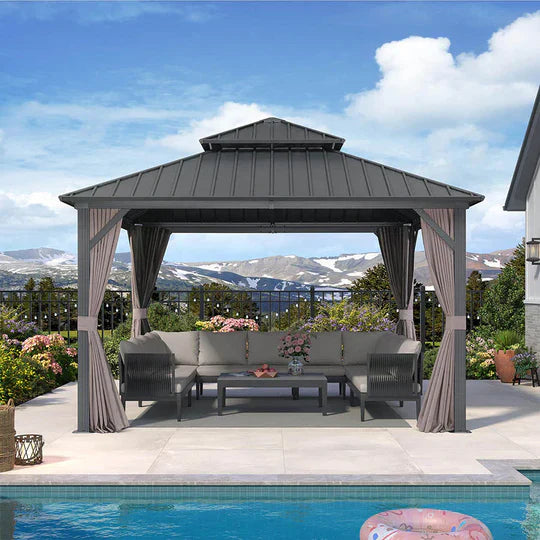 PURPLE LEAF Alluminio Gazebo Tetto Doppio in Acciaio Galvanizzato Zanzariere e Tende，Grigio con Ottimo Rapporto Qualità-Prezzo