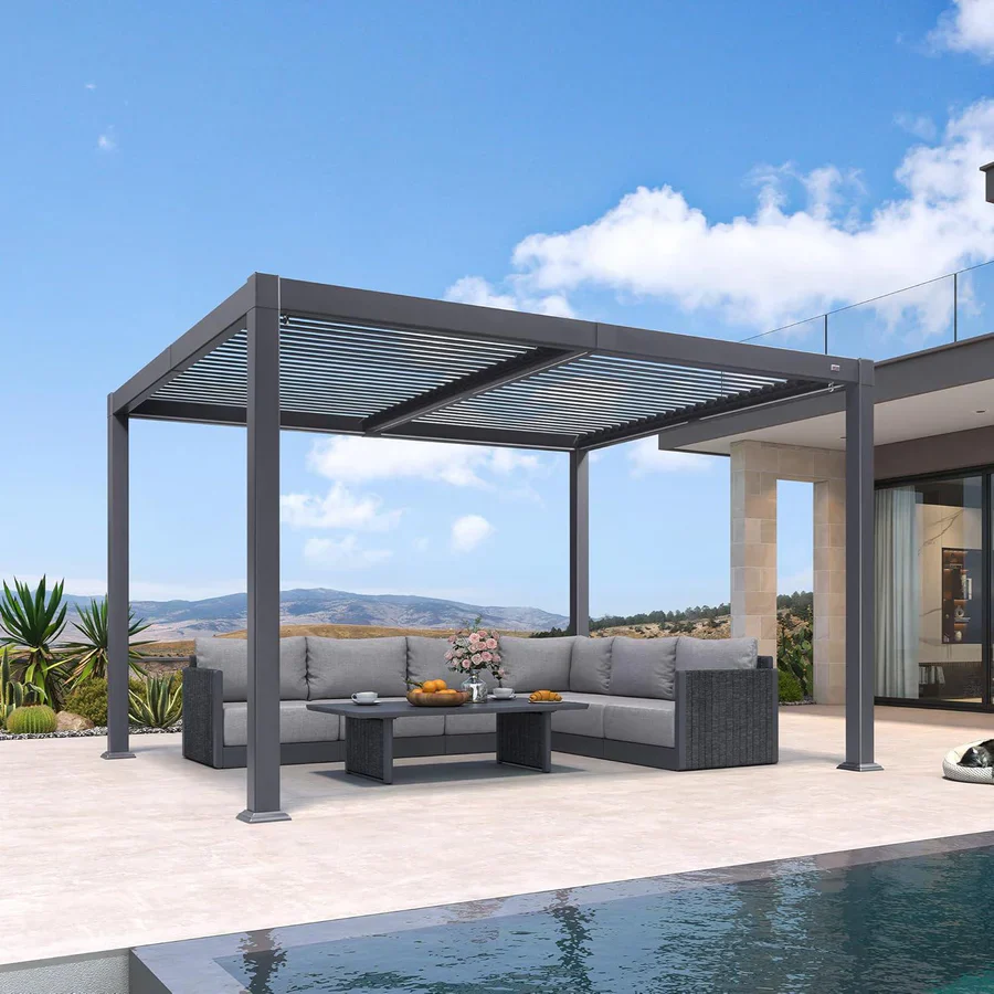 PURPLE LEEF Pergola Bioclimatica con Copertura a Lamelle e Luce LED Integrata per Terrazzo e Giardino, Grigio