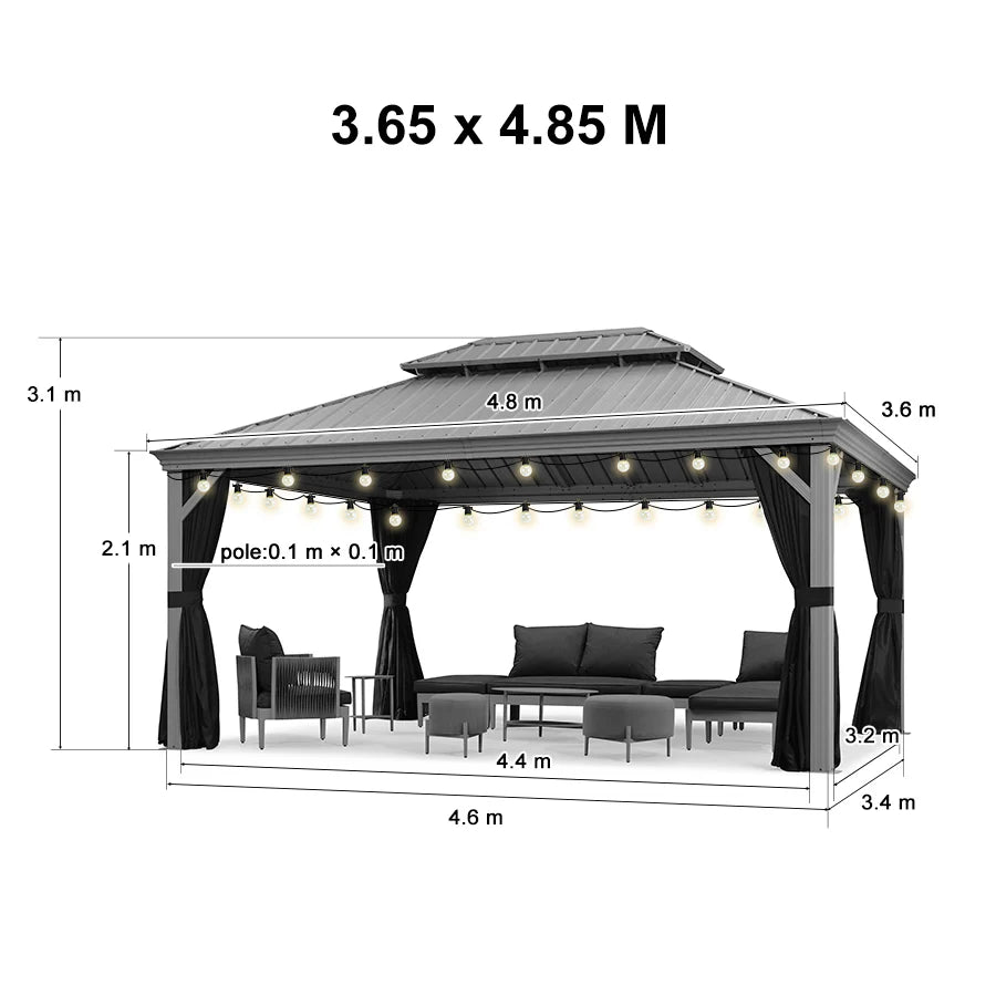 PURPLE LEAF Gazebo da Giardino e Terrazzo, Tetto Rigido in Acciaio Zincato, Design con Grondaia e Luci a Festa Trasparenti, Grigio Chiaro