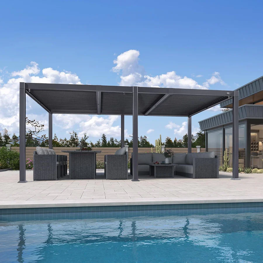 PURPLE LEEF Pergola Bioclimatica con Copertura a Lamelle e Luce LED Integrata per Terrazzo e Giardino, Grigio