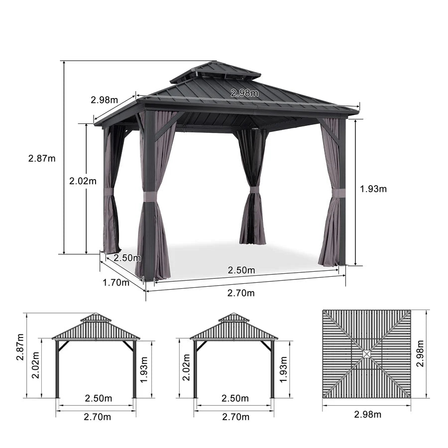 PURPLE LEAF Gazebo da Giardino Esterno,Tetto Doppio in Acciaio Galvanizzato, Resistente alla Corrosione, con Guirlanda Luminosa Trasparente, Modello Leggero - Grigio