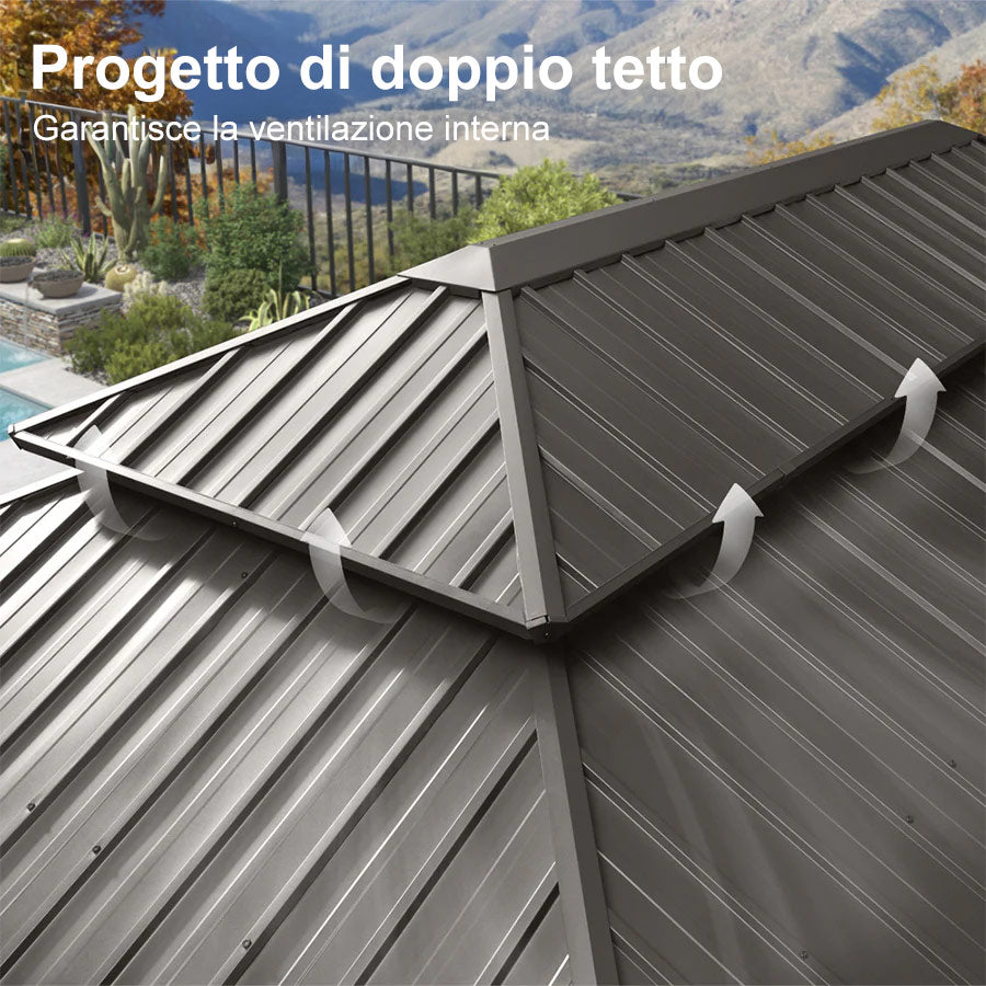 Purple Leaf Gazebo da Giardino Tetto Rigido in Bronzo, Doppio Tetto in Acciaio Zincato, Rete e Tende, Catene Luminose Trasparenti