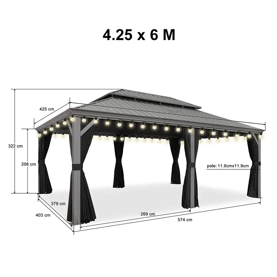 PURPLE LEAF Gazebo da Giardino e Terrazzo, Tetto Rigido in Acciaio Zincato, Design con Grondaia e Luci a Festa Trasparenti, Grigio Chiaro