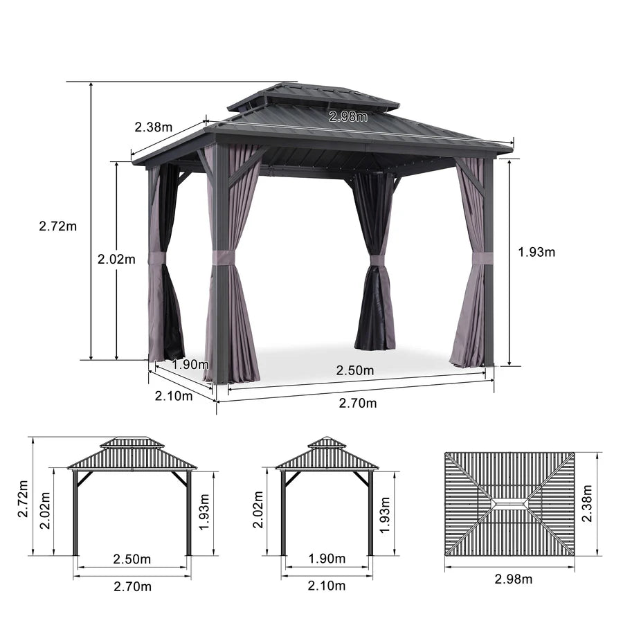 PURPLE LEAF Gazebo da Giardino Esterno,Tetto Doppio in Acciaio Galvanizzato, Resistente alla Corrosione, con Guirlanda Luminosa Trasparente, Modello Leggero - Grigio